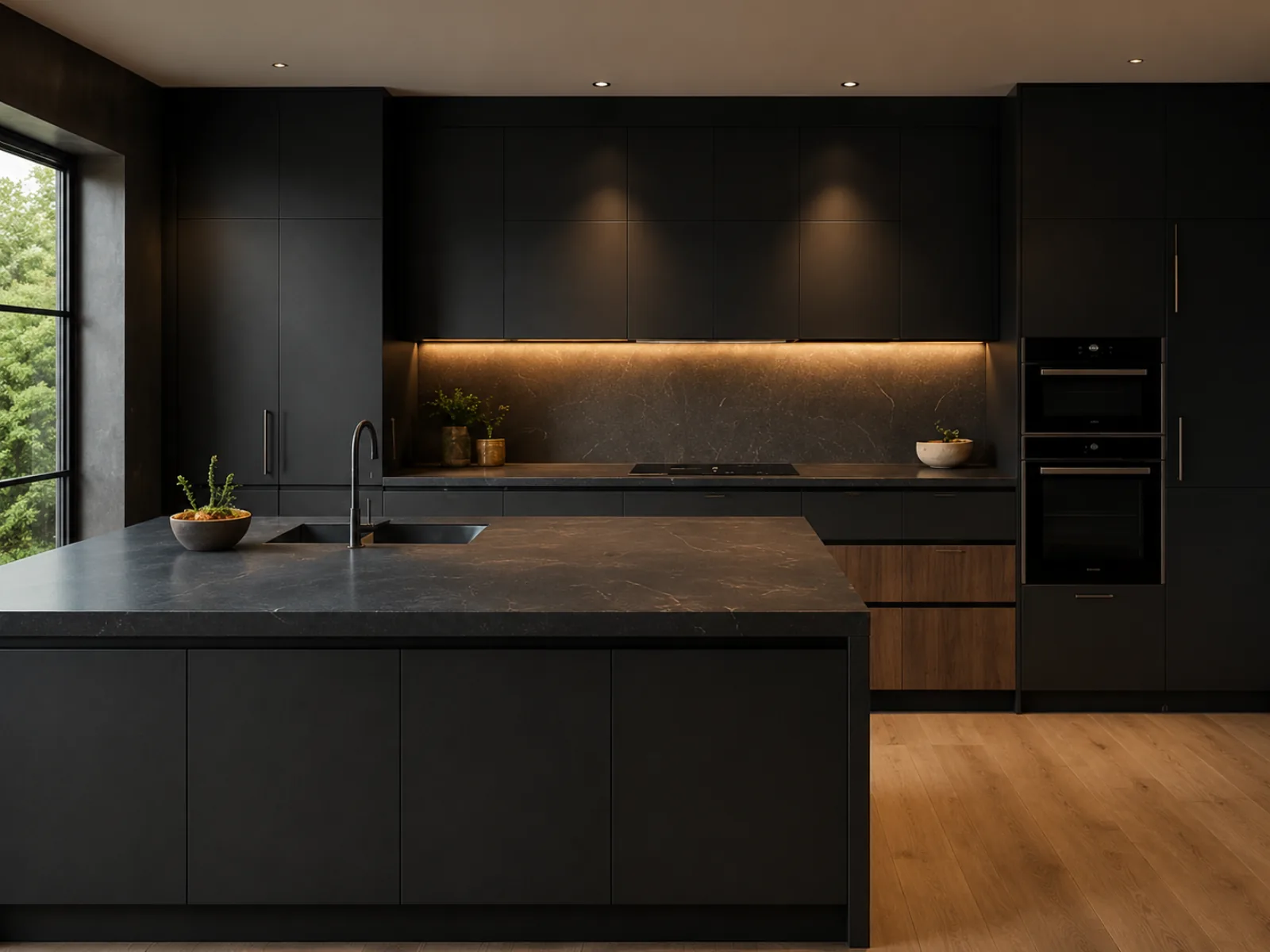 Negro, madera ahumada y piedra oscura
