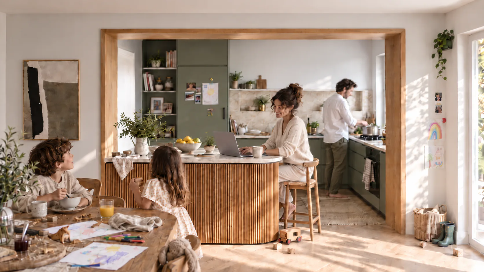 Familia en una cocina a medida de vivoa, abierta al salón