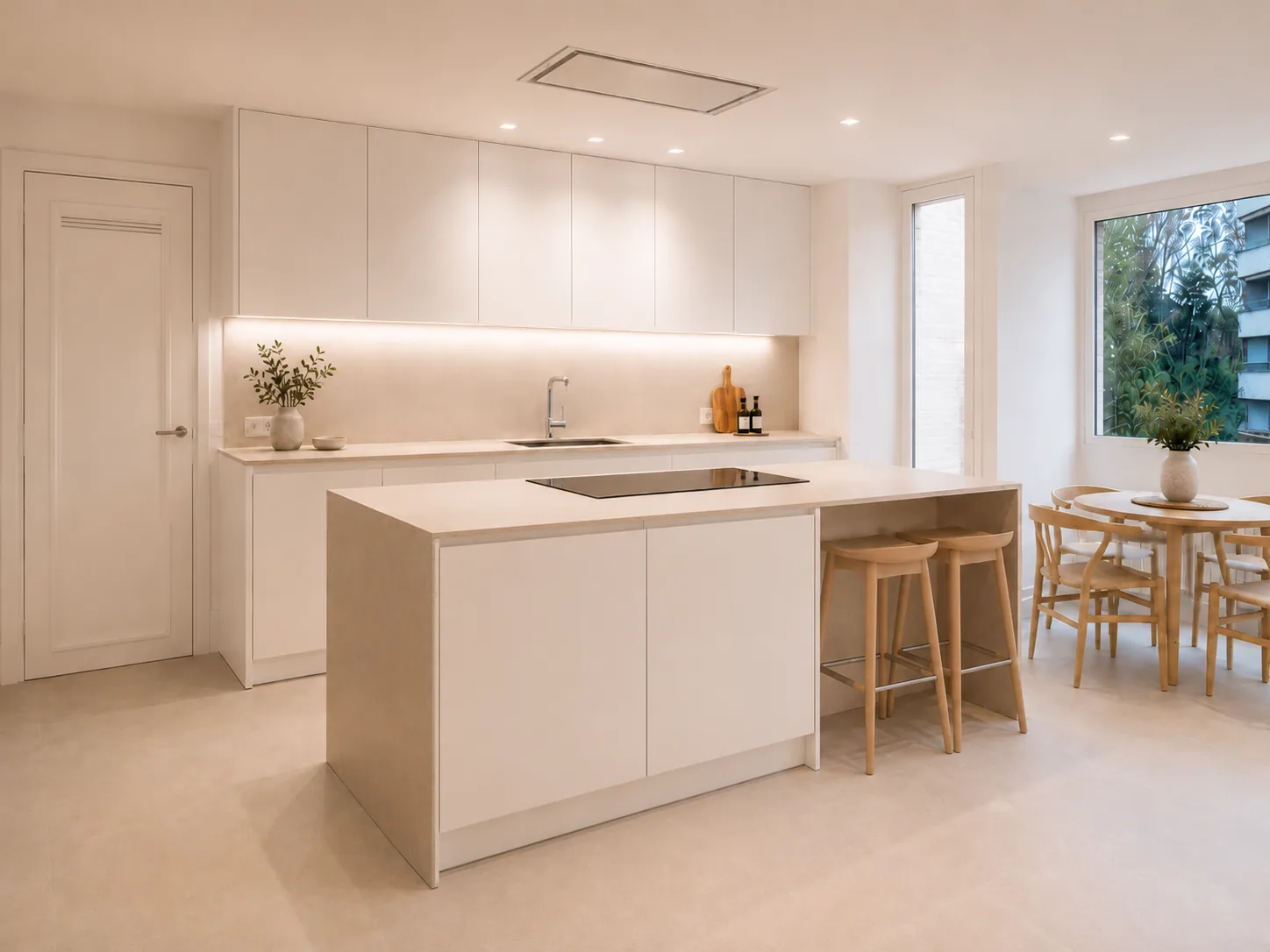 Cocina blanca muy luminosa con isla y lavadero independiente