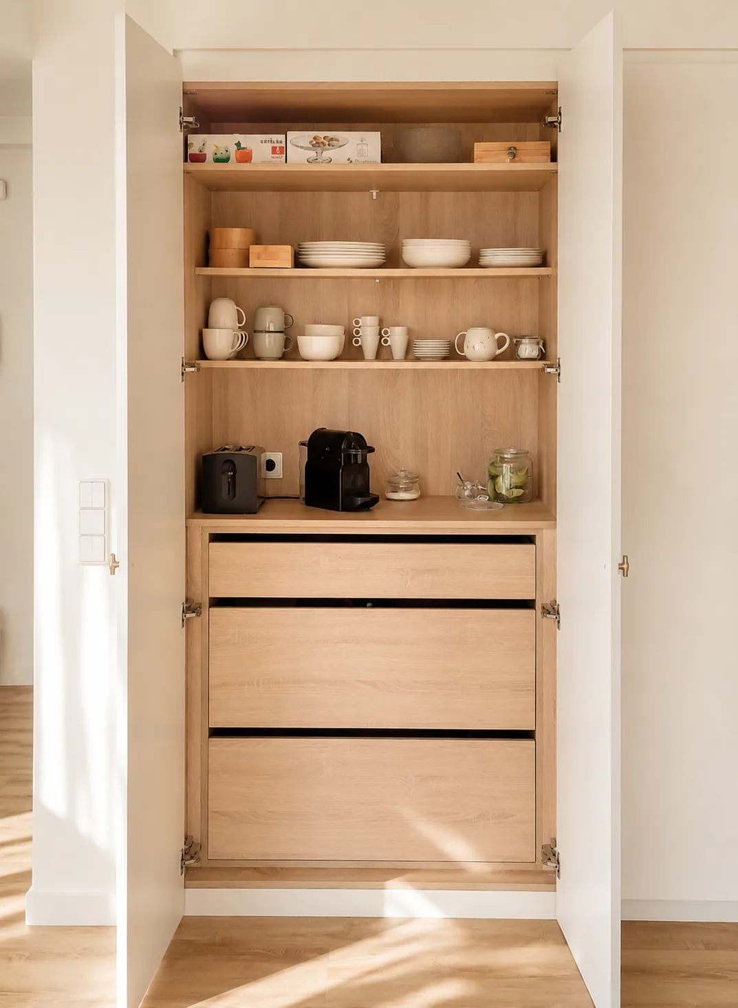 Cocina blanca abierta al salón con isla y lavadero integrado