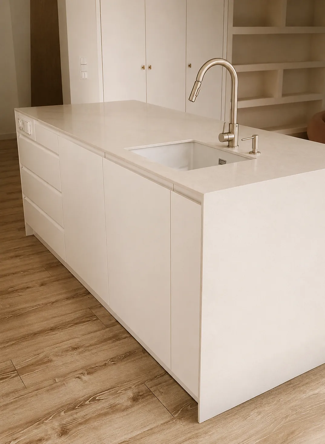 Cocina blanca abierta al salón con isla y lavadero integrado