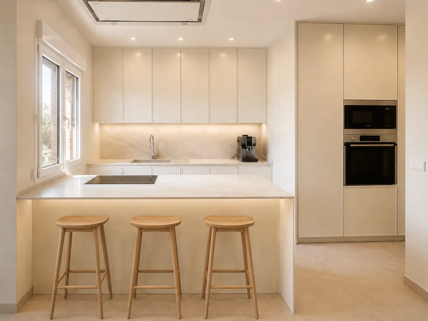 Una cocina en cashmere conectada al salón con madera y cristal
