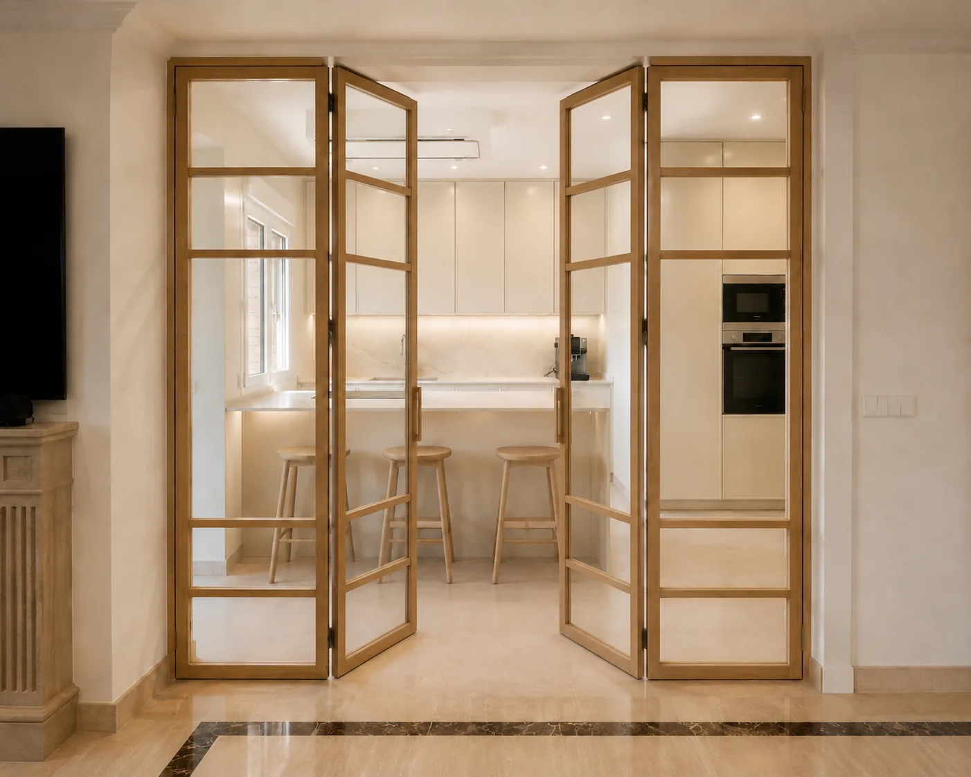 Una cocina en cashmere conectada al salón con madera y cristal