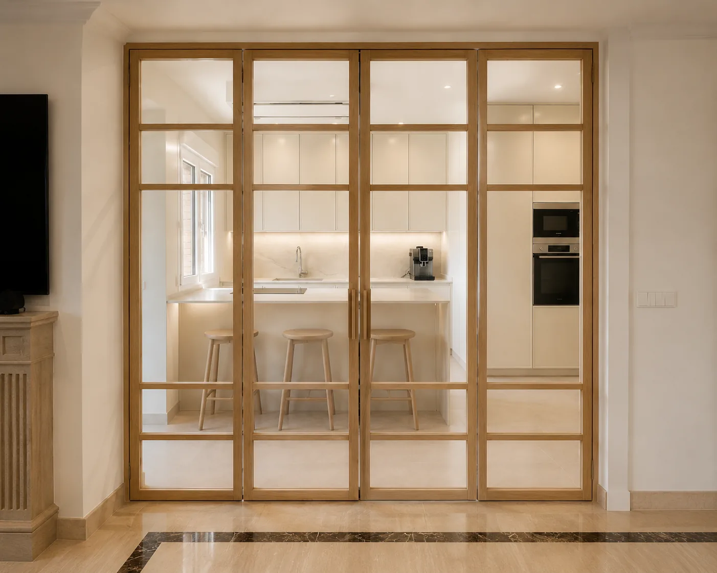 Una cocina en cashmere conectada al salón con madera y cristal