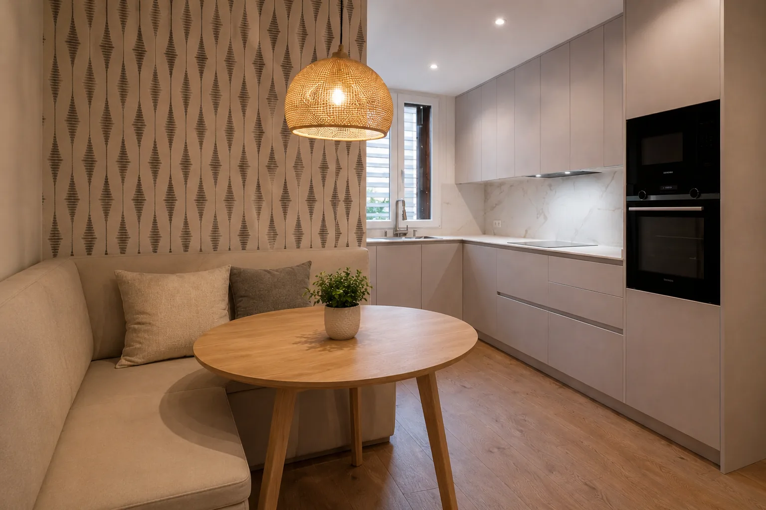 Cocina en forma de L con zona de comedor a medida
