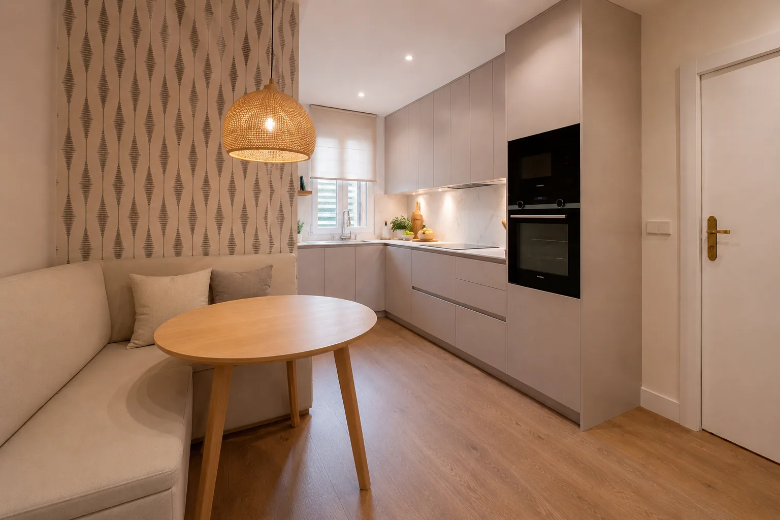 Cocina en forma de L con zona de comedor a medida