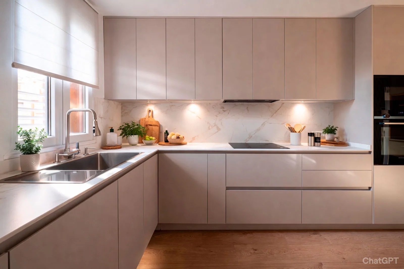 Cocina en forma de L con zona de comedor a medida