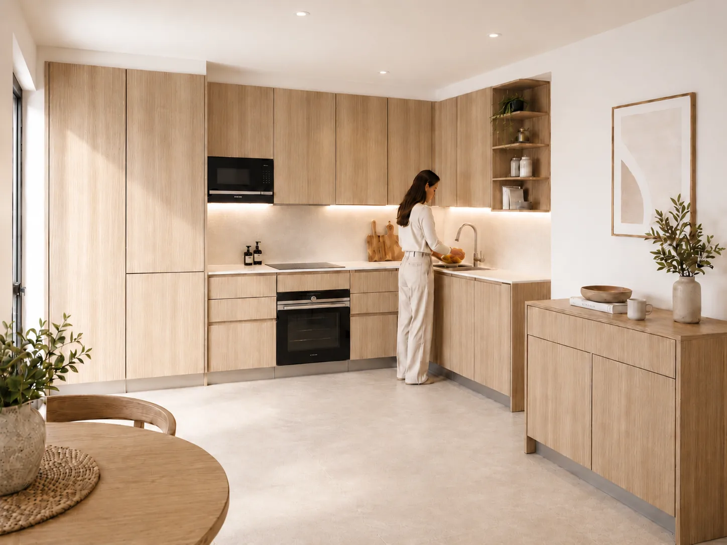 Cocina en madera con distribución en L y gran capacidad de almacenaje