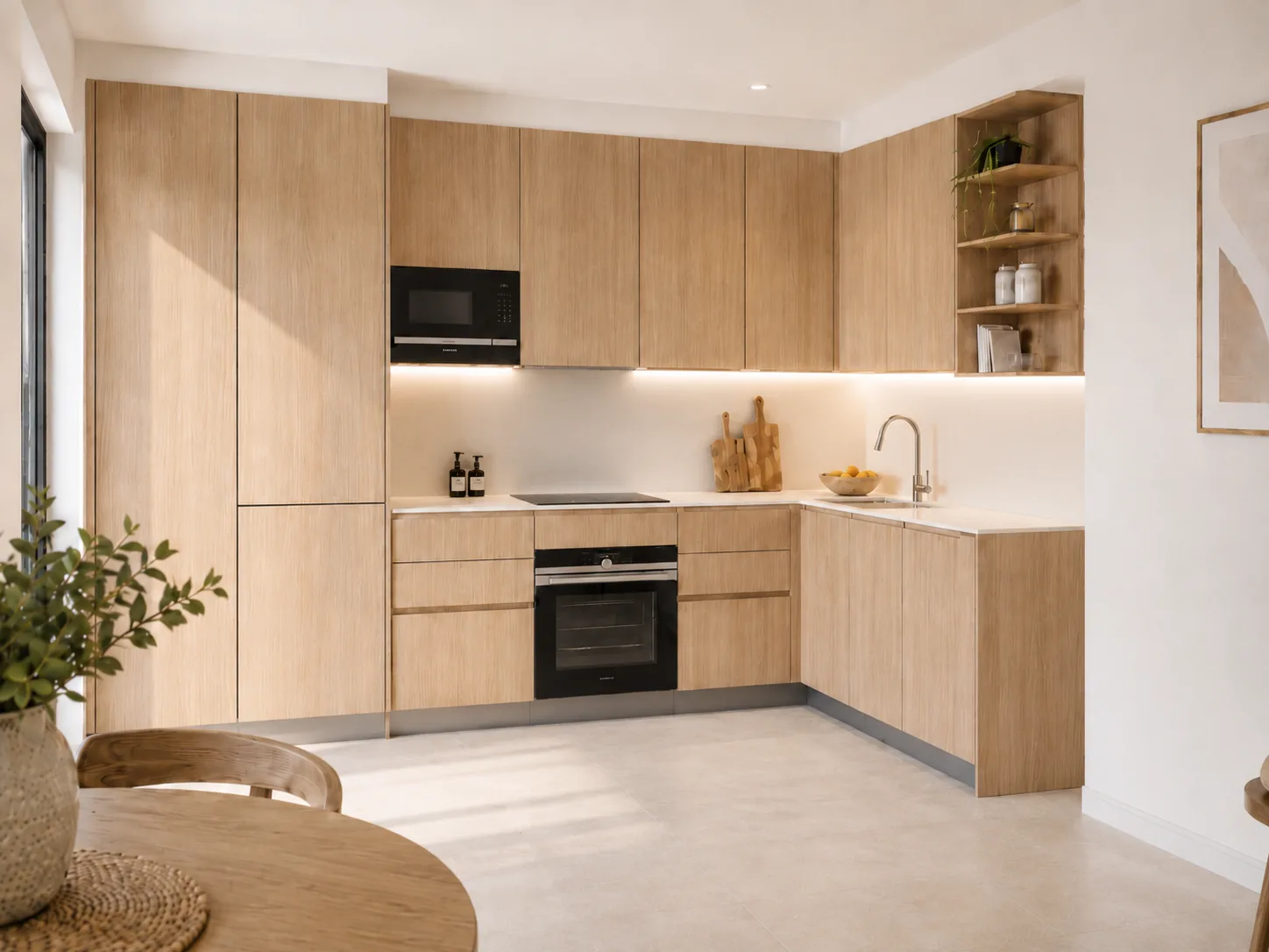 Cocina en madera con distribución en L y gran capacidad de almacenaje
