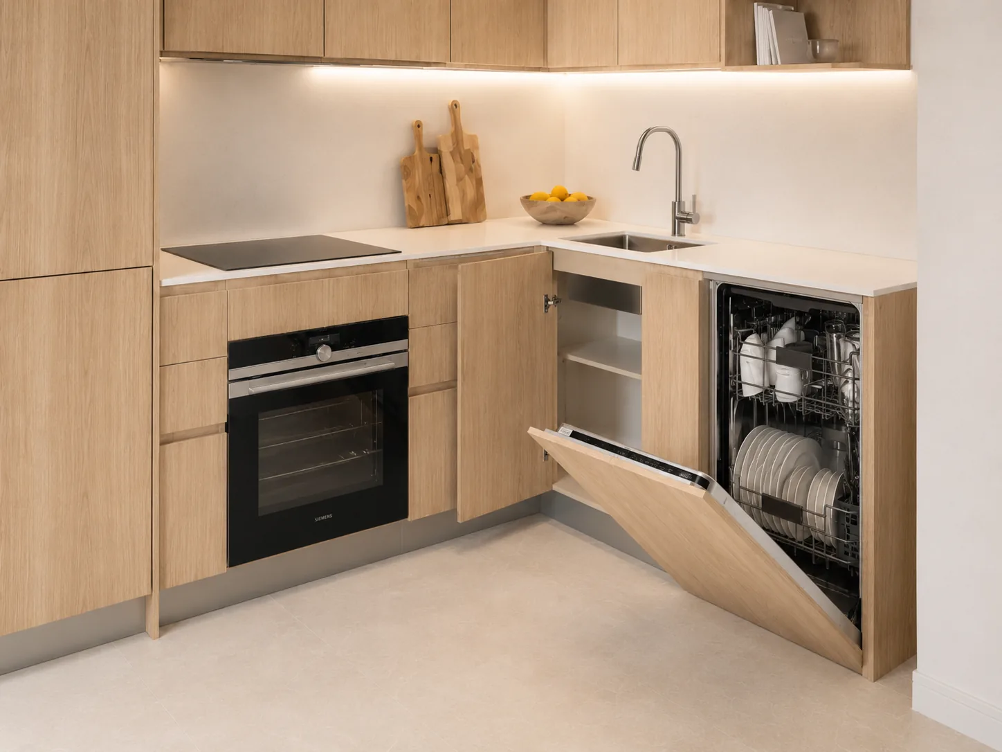 Cocina en madera con distribución en L y gran capacidad de almacenaje