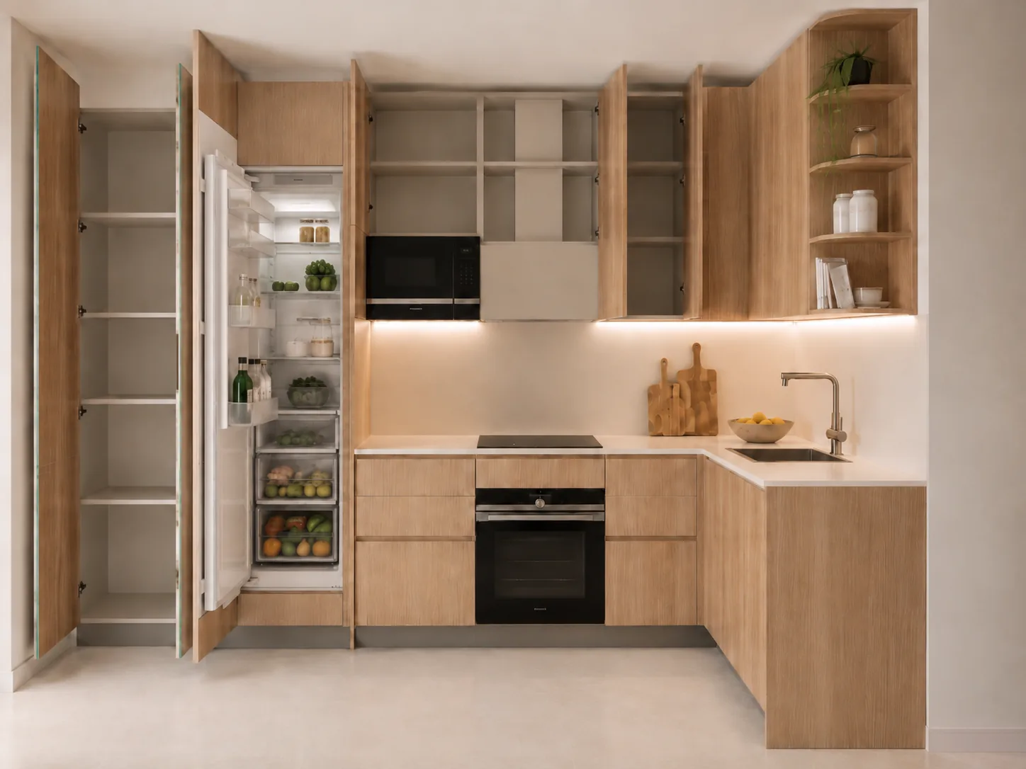 Cocina en madera con distribución en L y gran capacidad de almacenaje